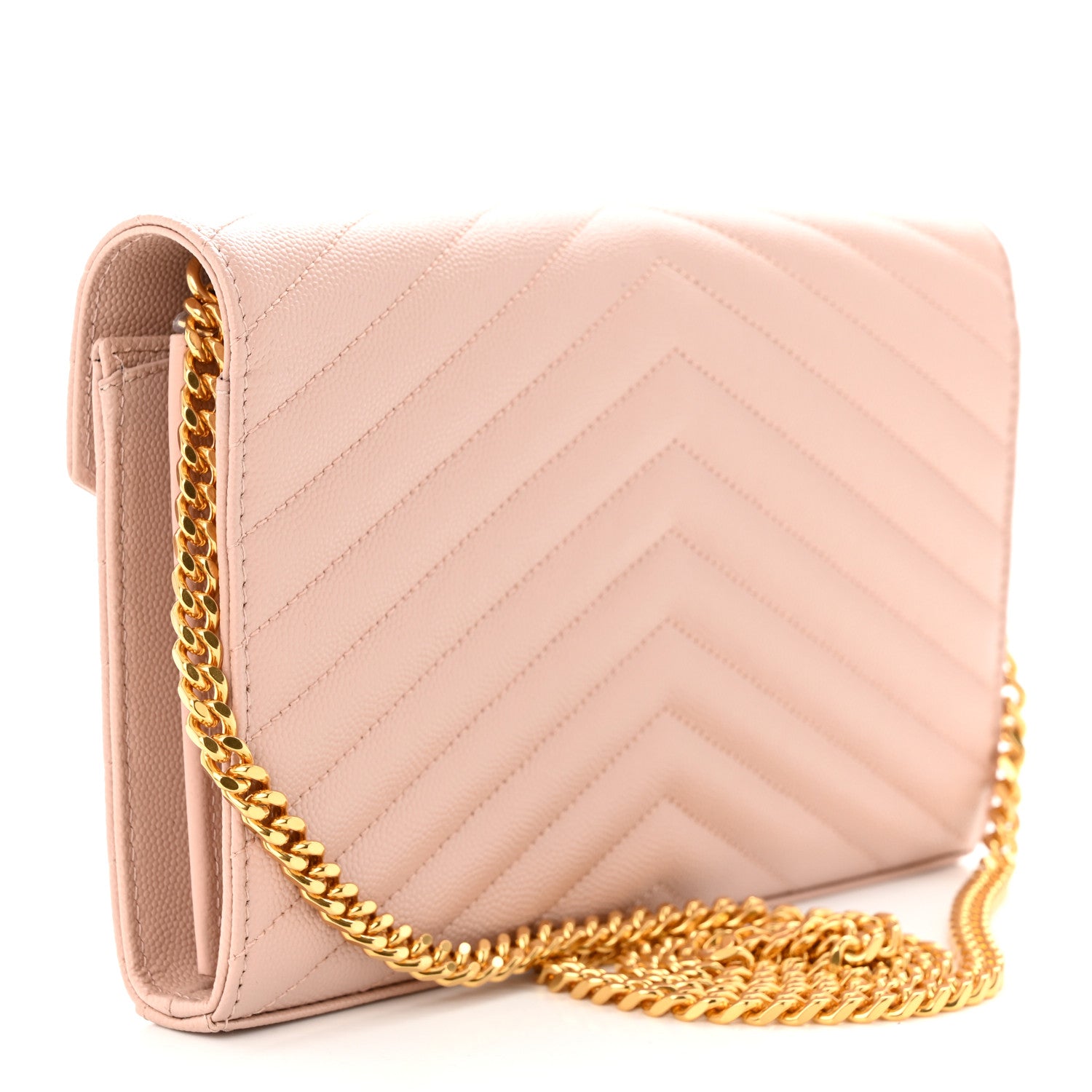 Saint Laurent Grain De Poudre Matelasse Chevron Cassandre Chain Wallet Pale Pink 3 of 11