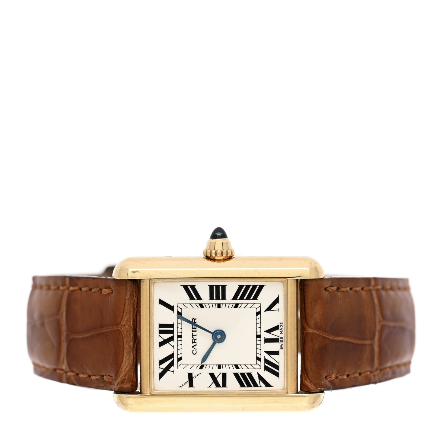 18K Yellow Gold Alligator 22mm Tank Louis Quartz Watch Brown