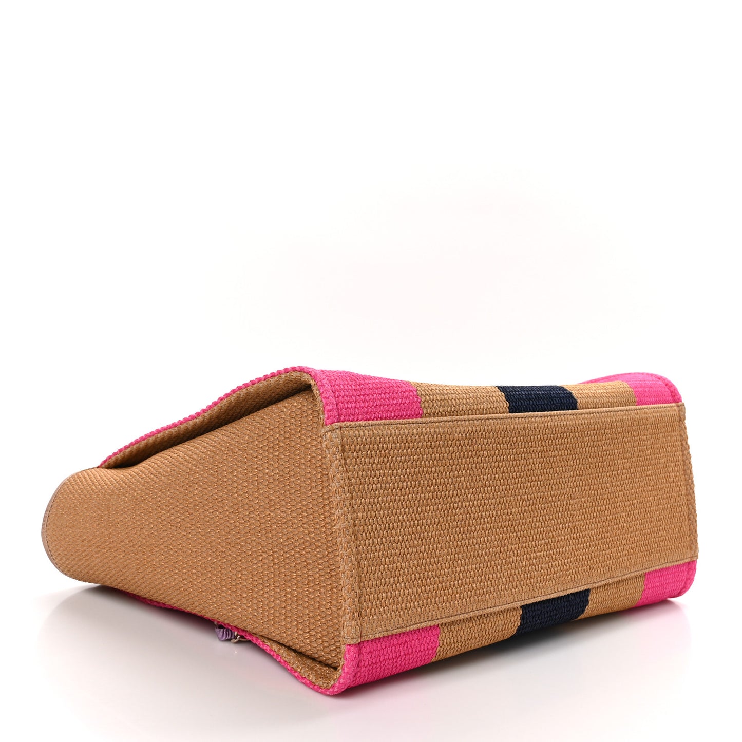 Straw Raffia Calfskin Striped Medium Deauville Tote Dark Beige Fuchsia Navy Blue
