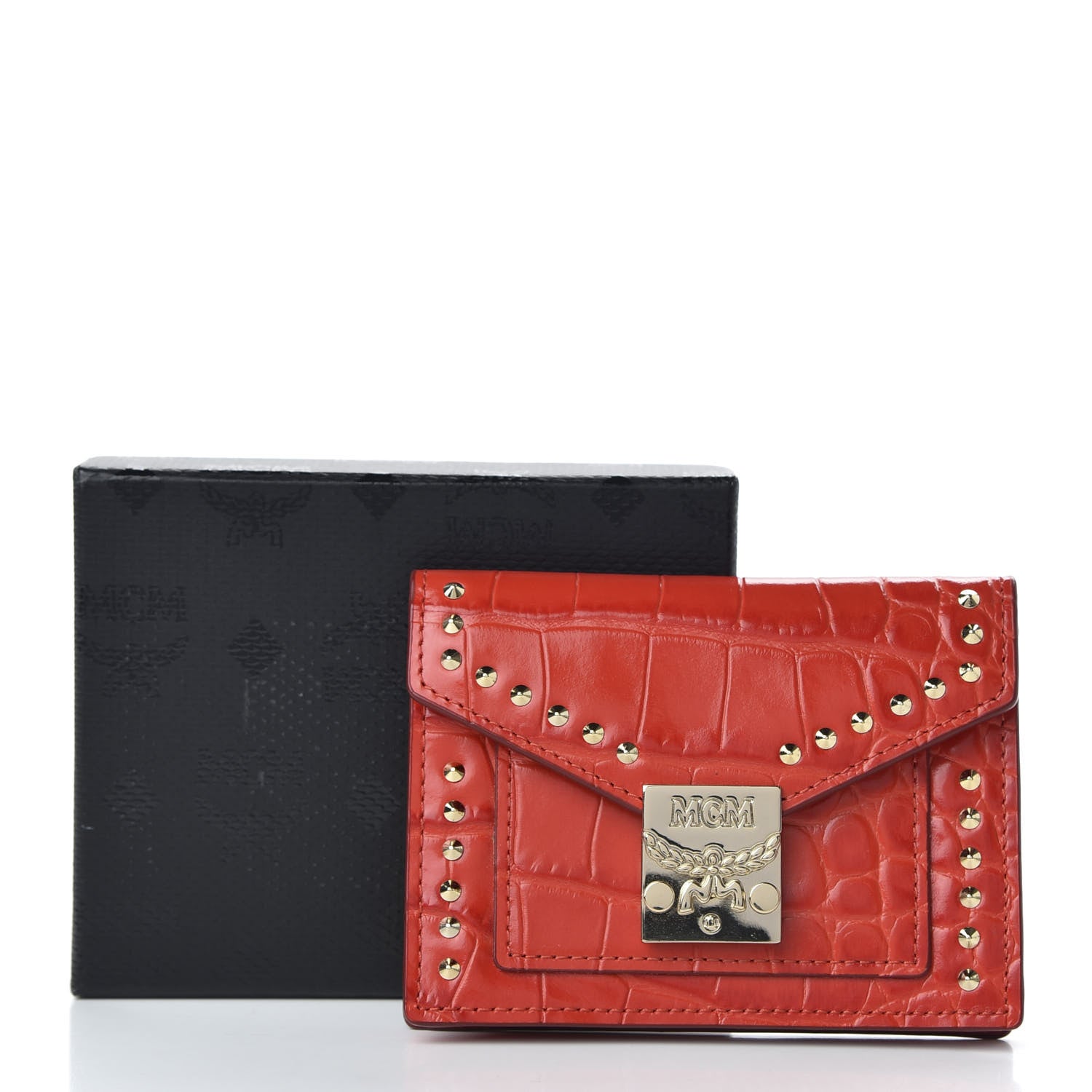 MCM Calfskin Crocodile Embossed Flap Card Holder Ruby Red 8 of 8