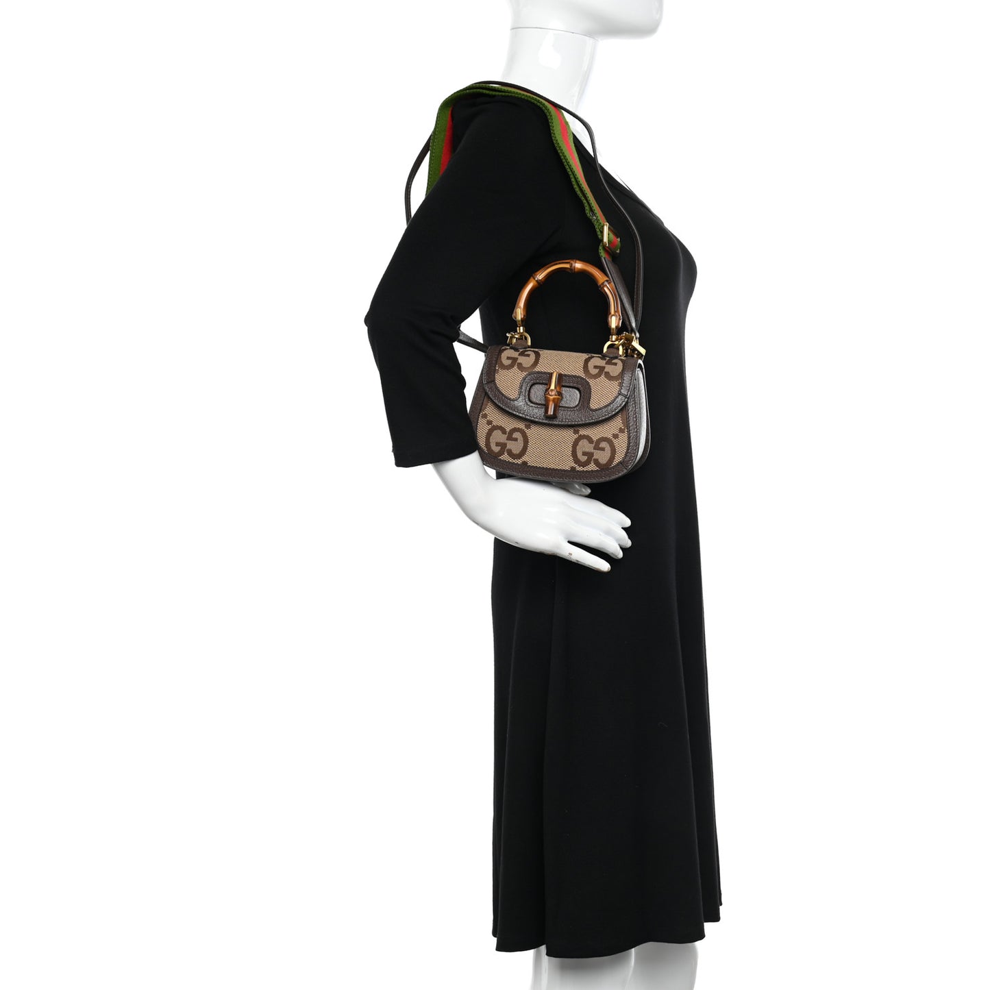 Monogram Jumbo GG Textured Dollar Calfskin Web Mini Bamboo 1947 Top Handle Bag Camel Ebony New Acero