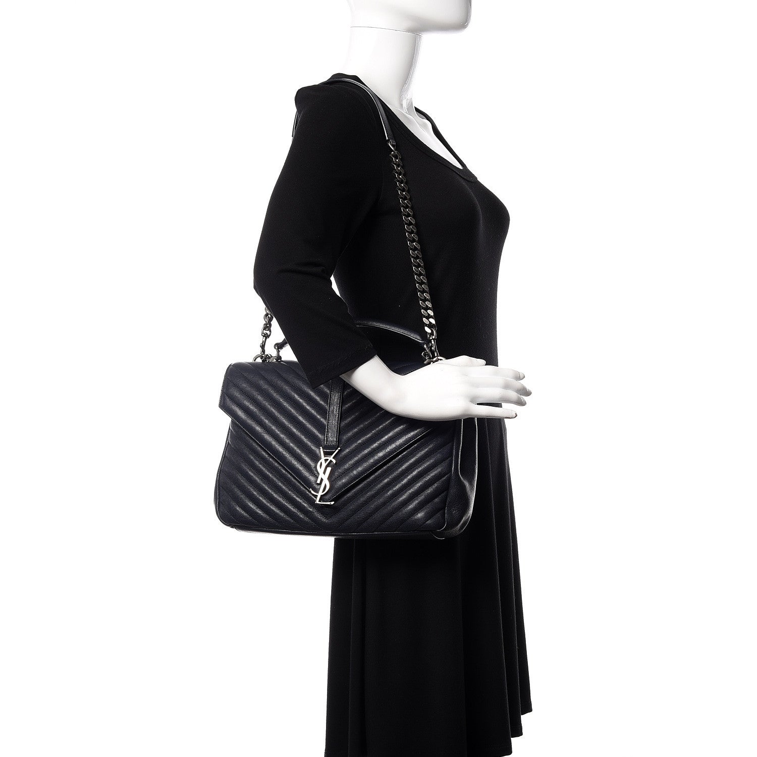 Saint Laurent Sheepskin Matelasse Chevron Monogram Large College Satchel Navy Blue 2 of 19