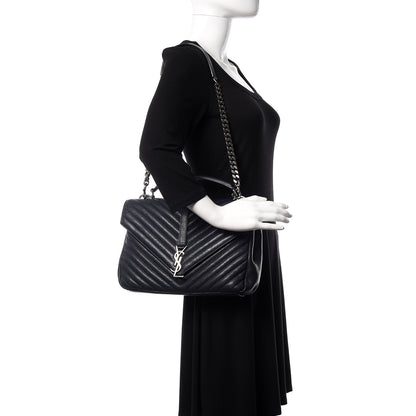 Saint Laurent Sheepskin Matelasse Chevron Monogram Large College Satchel Navy Blue 2 of 19