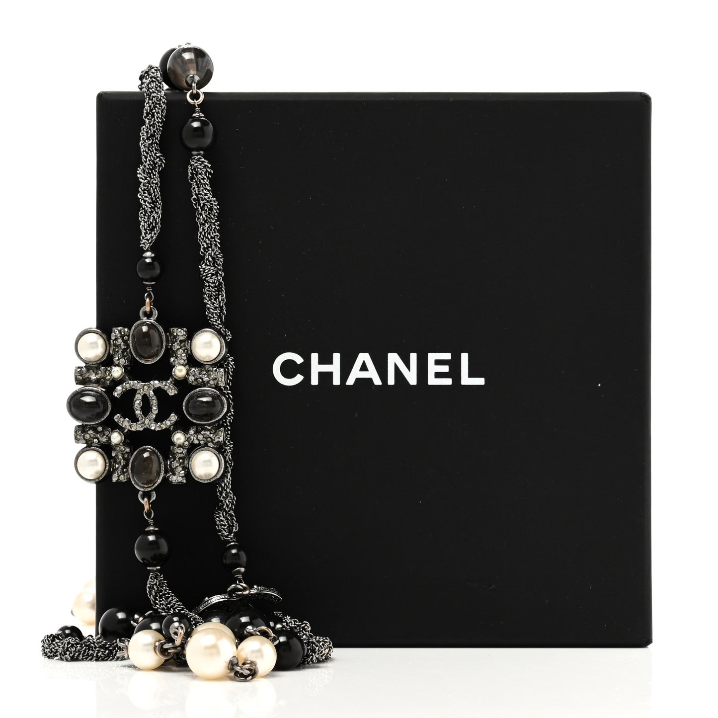 Pearl Bead Enamel CC Baroque Long Necklace Black Gold