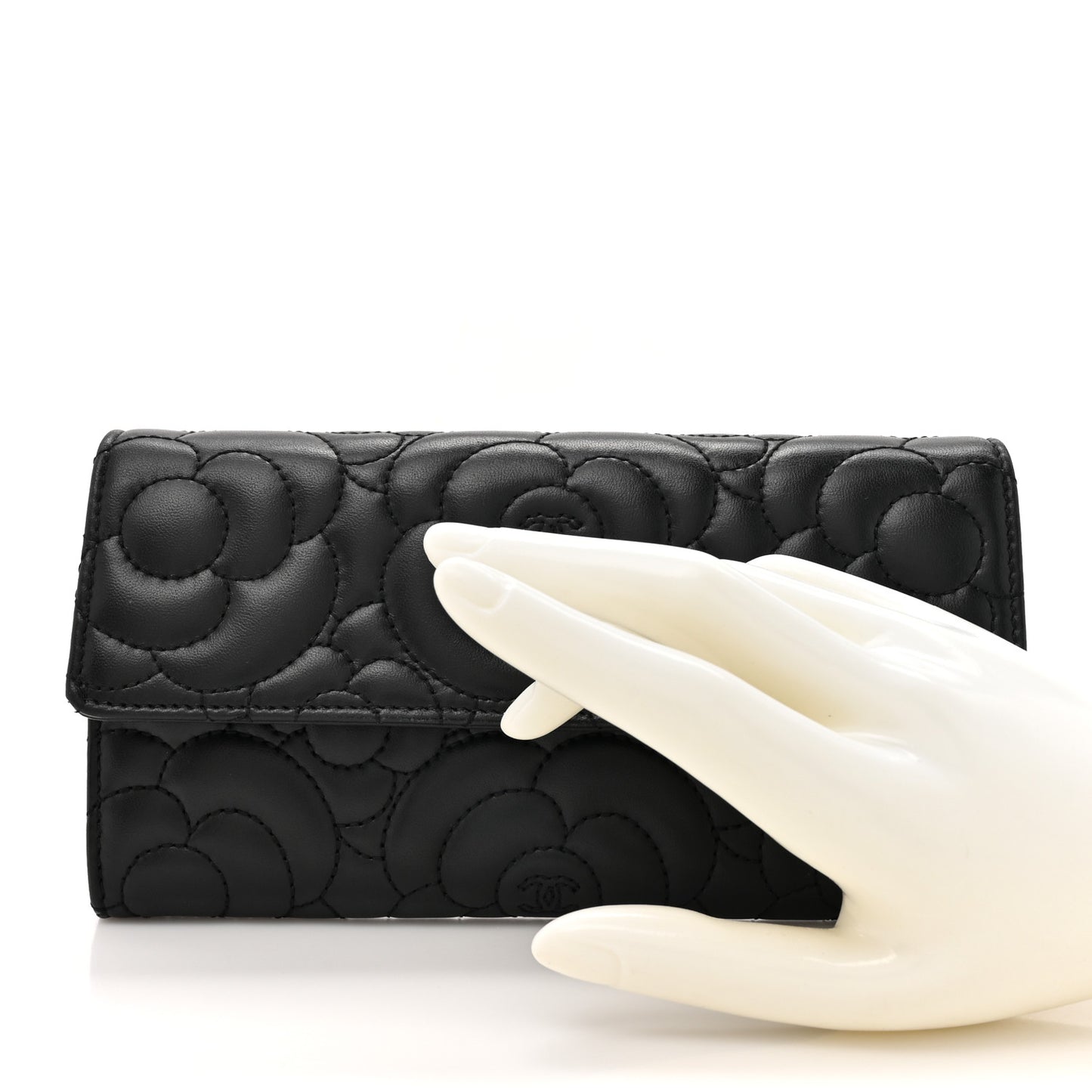 Lambskin Embossed Camellia Flap Wallet Black