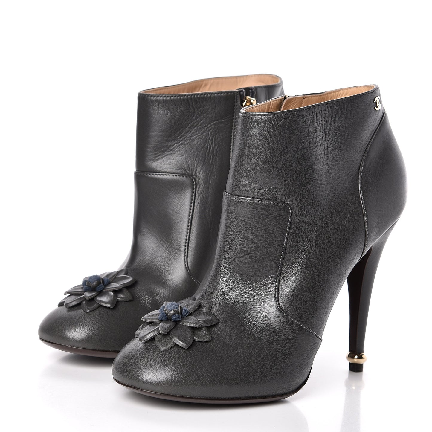 Lambskin Camellia CC Booties 38 Dark Grey