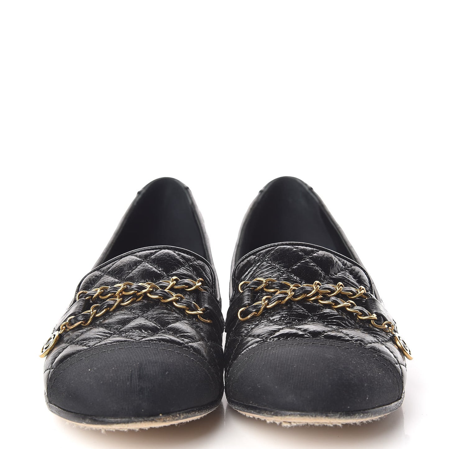 Grosgrain Glazed Lambskin Quilted Chain Loafers 37.5 Black