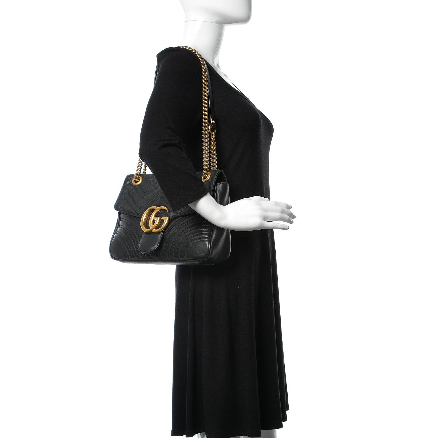 Gucci Calfskin Matelasse Medium GG Marmont Shoulder Bag Black 3 of 14