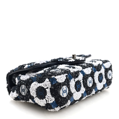 Chanel Satin Sequin Embellished Flower Mini Rectangular Flap Black White Blue 4 of 10