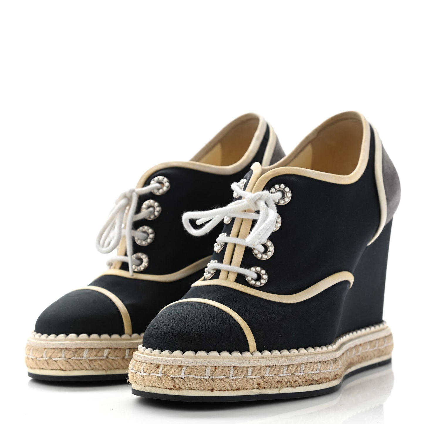 Silk Crepe Suede Calfskin Lace Up Wedge Espadrilles 35 Navy Grey