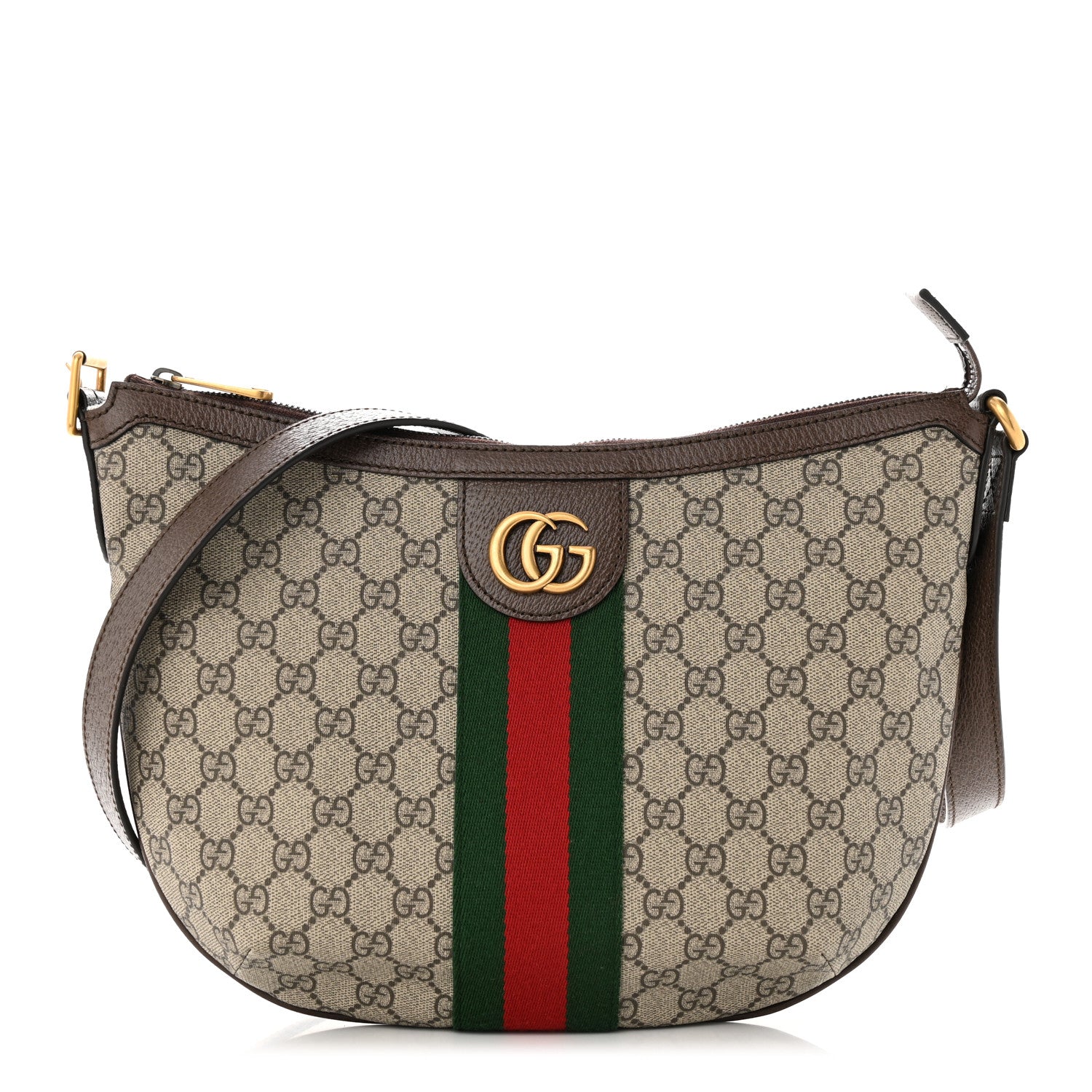 Gucci GG Supreme Monogram Textured Dollar Calfskin Web Small Ophidia Half Moon Hobo Beige Ebony New Acero 1 of 11