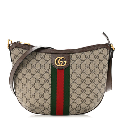 Gucci GG Supreme Monogram Textured Dollar Calfskin Web Small Ophidia Half Moon Hobo Beige Ebony New Acero 1 of 11