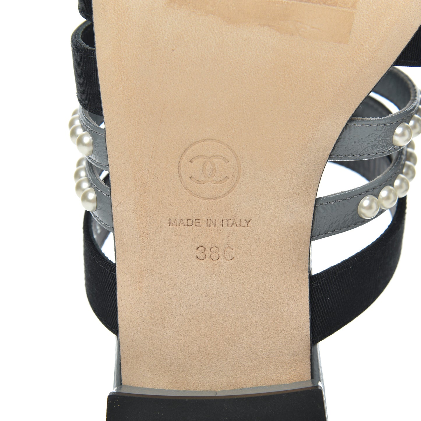 Patent Grosgrain CC Pearl Mules 38 Grey Black