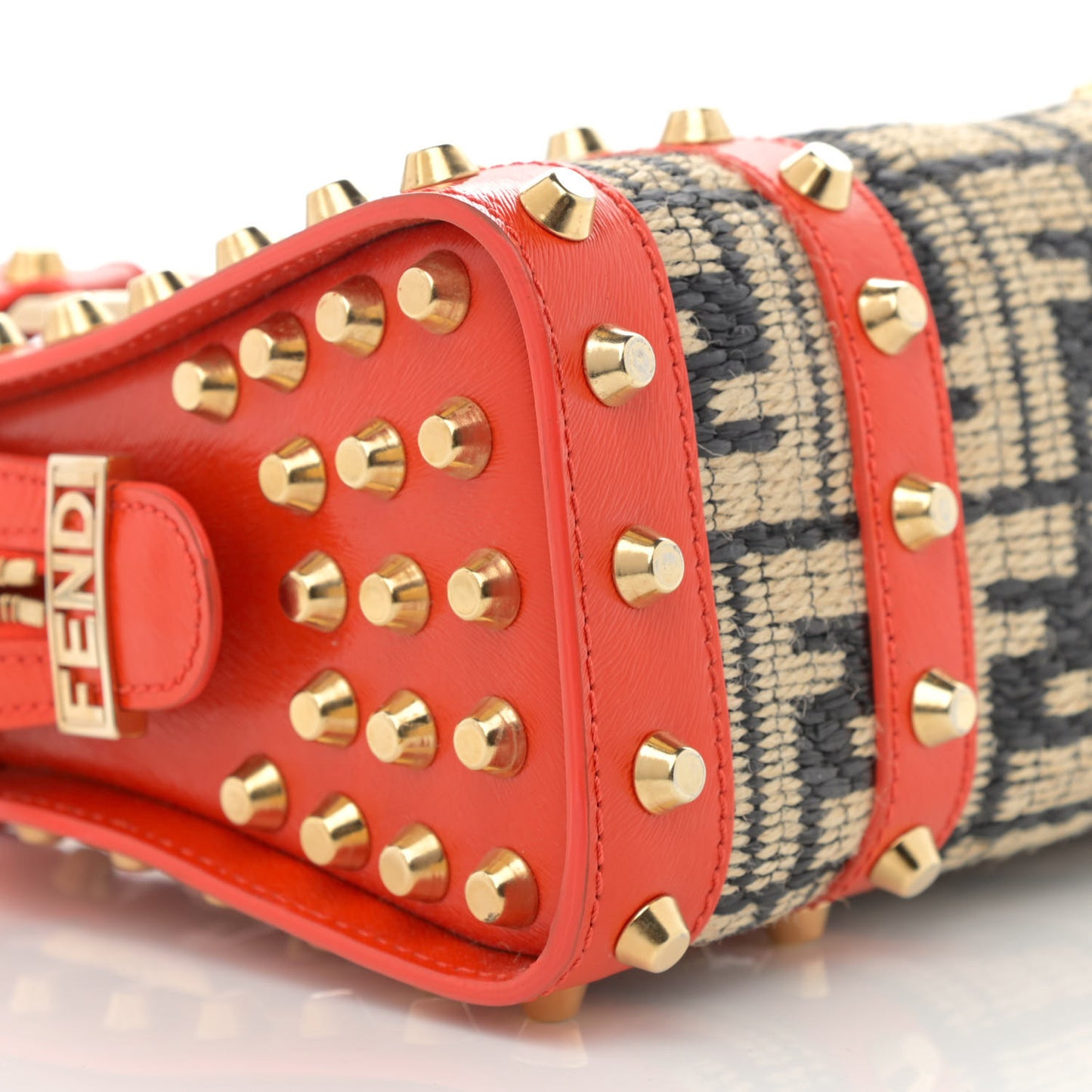 Raffia Calfskin FF Studded Satchel Orange