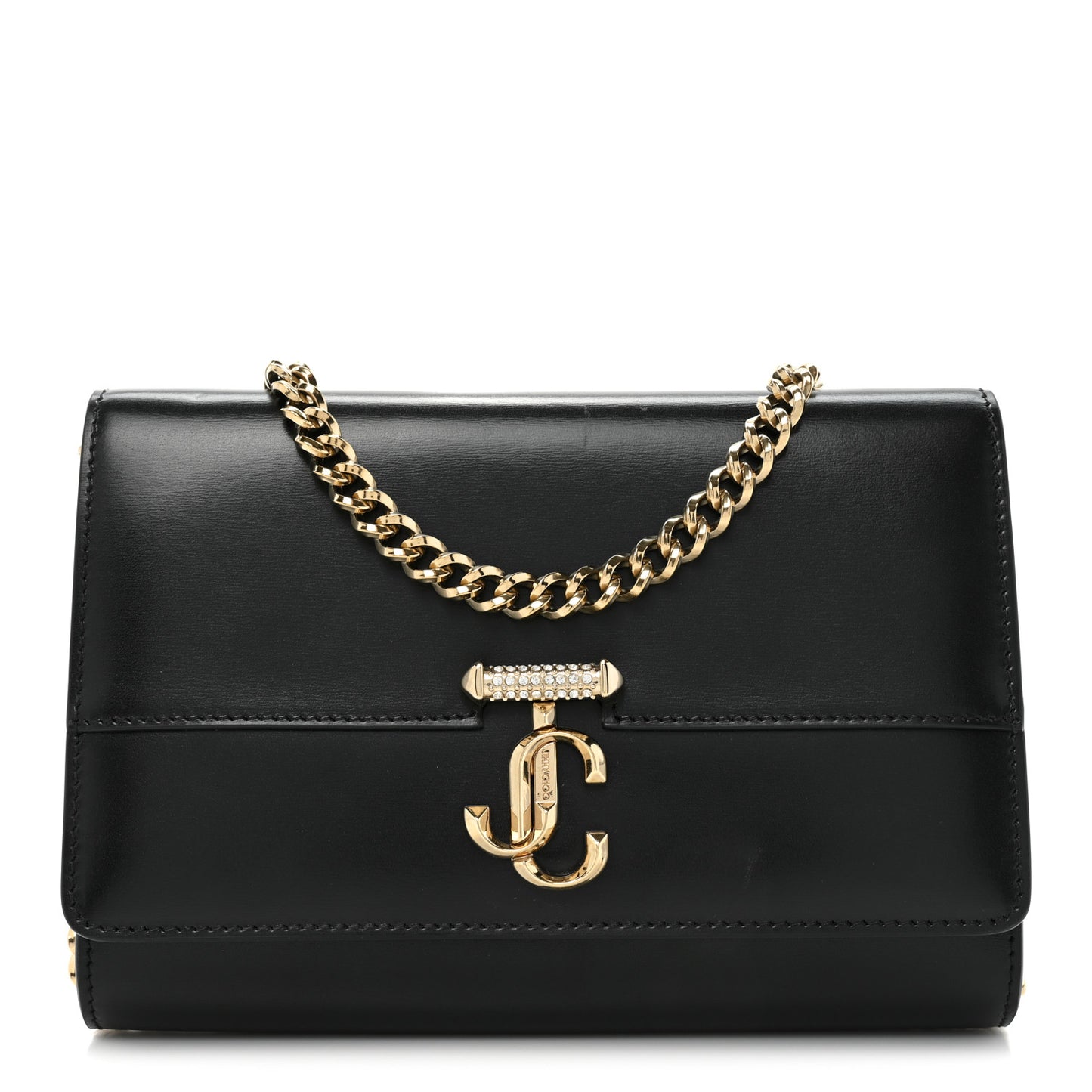 Calfskin Varenne Crystal Bar Avenue Chain Clutch Black
