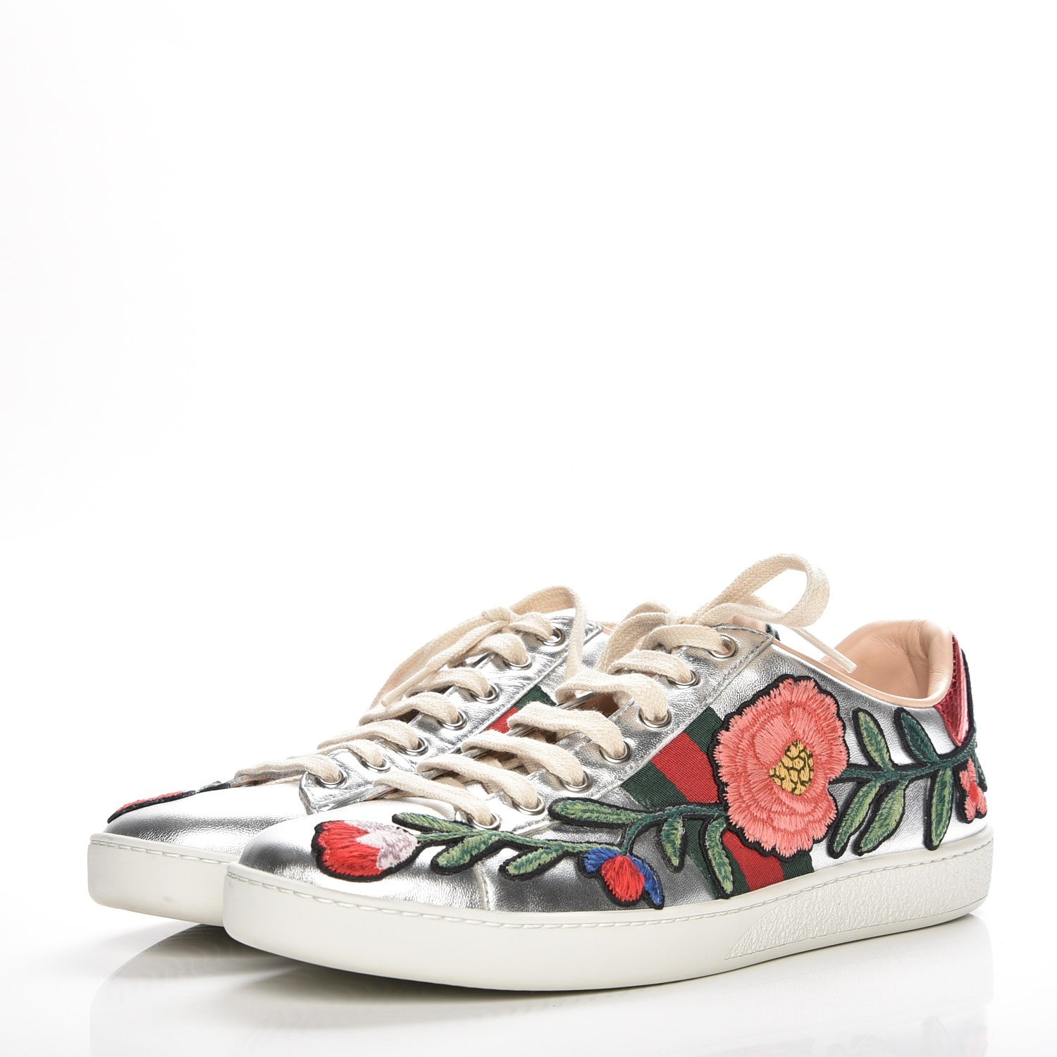 Gucci Metallic Calfskin Floral Embroidered Ace Sneakers 38 Silver 2 of 9
