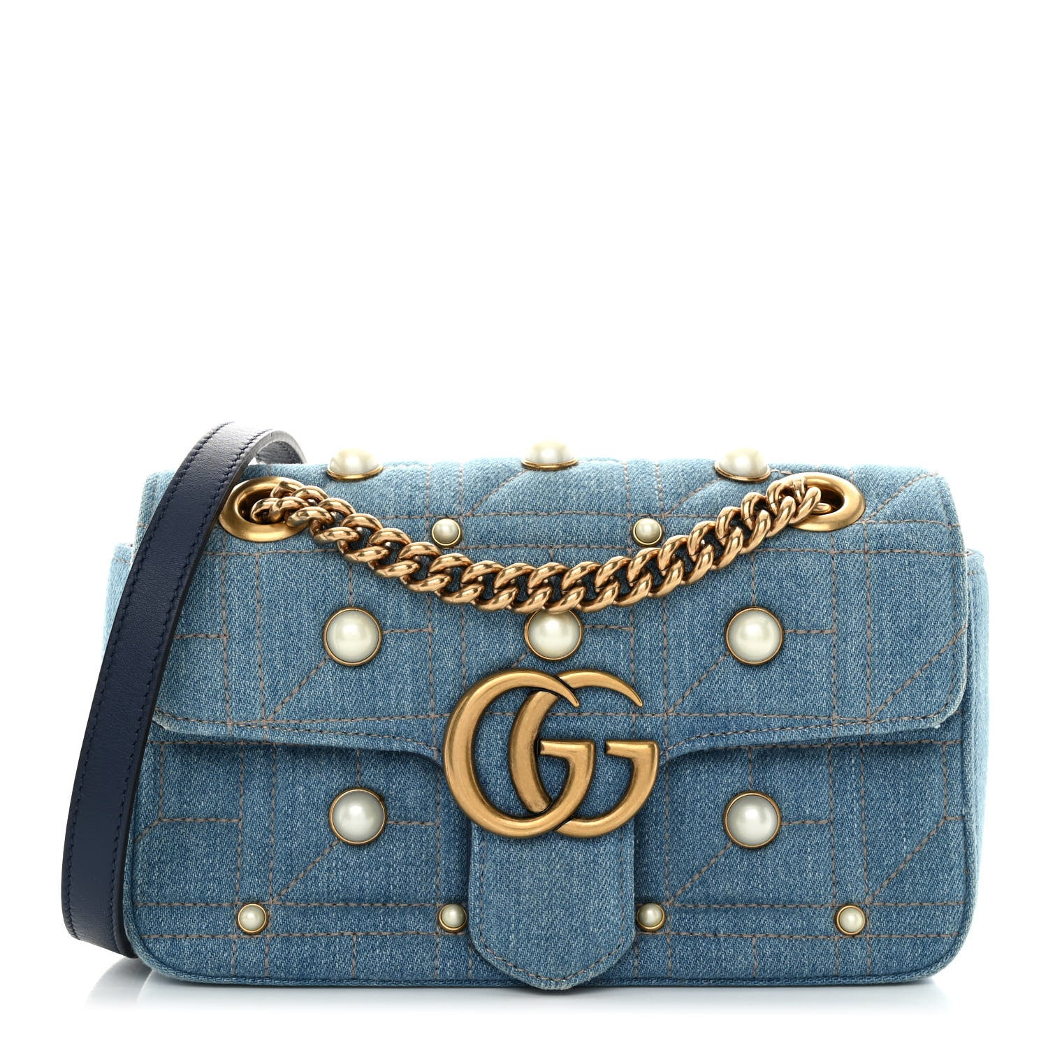 Gucci Denim Matelasse Pearl Studded Mini GG Marmont Shoulder Bag Blue 1 of 10