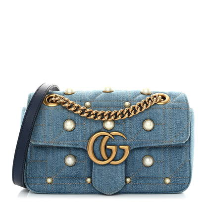 Gucci Denim Matelasse Pearl Studded Mini GG Marmont Shoulder Bag Blue 1 of 10
