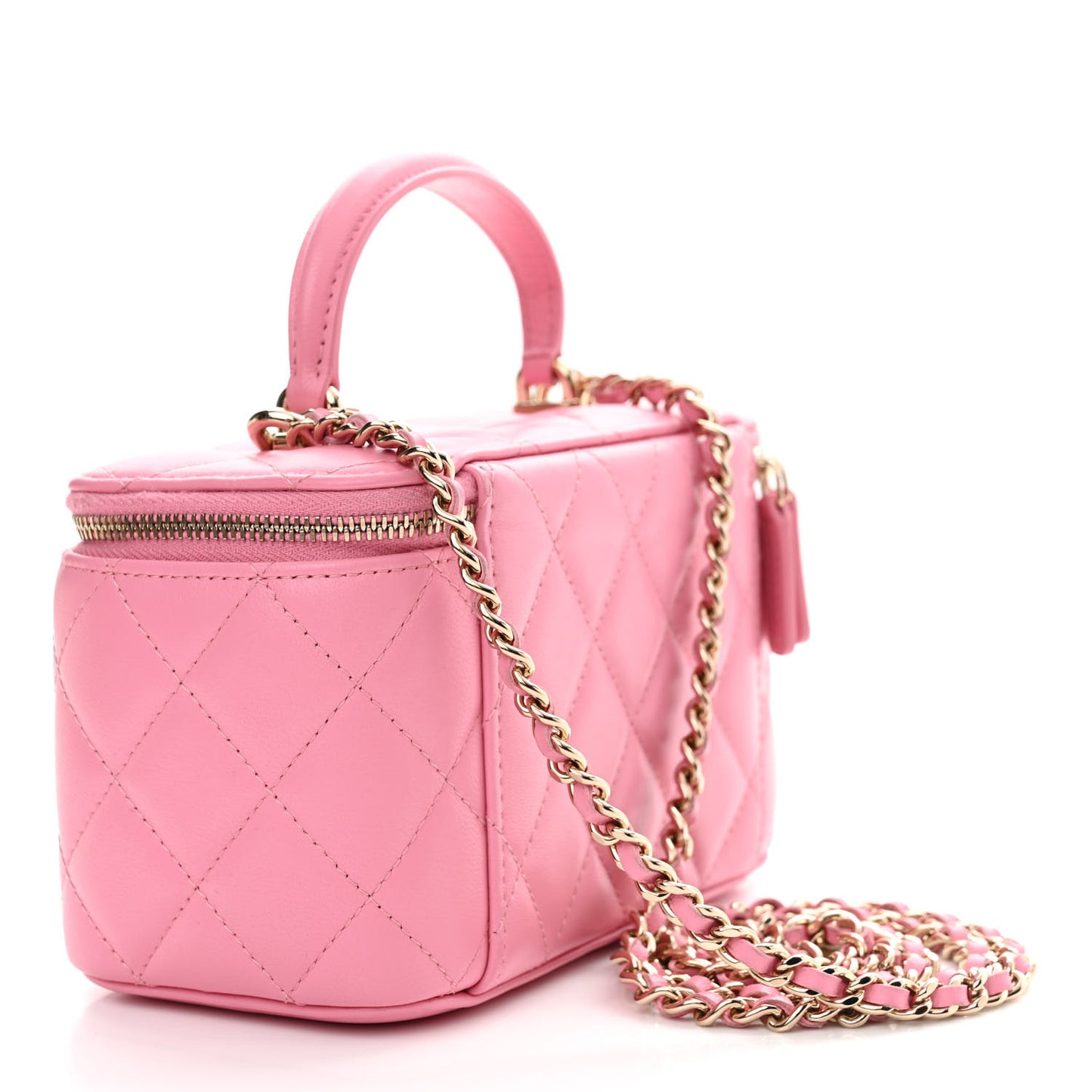 Lambskin Quilted Small Top Handle Vanity Case With Chain Pink