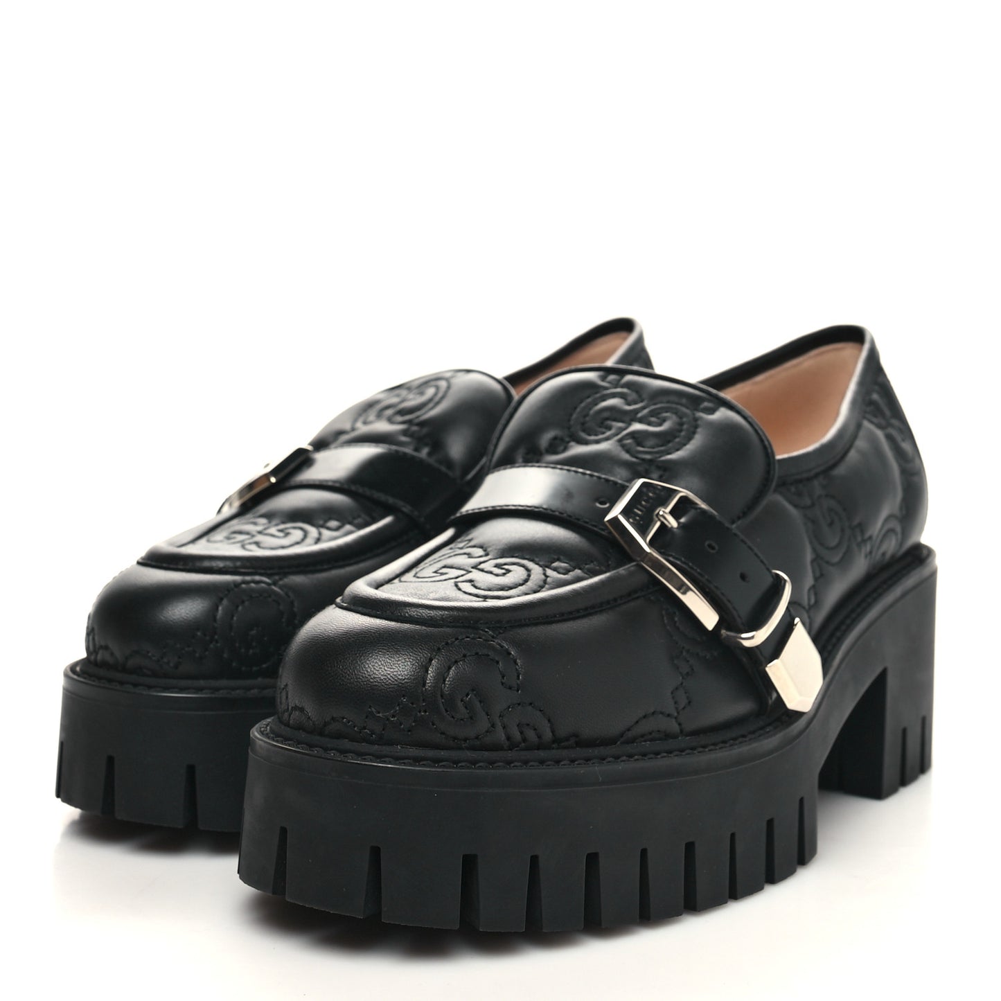 Nappa Cordovan Lux GG Matelasse Buckled Platform Lug Sole 60mm Loafers 38 Black