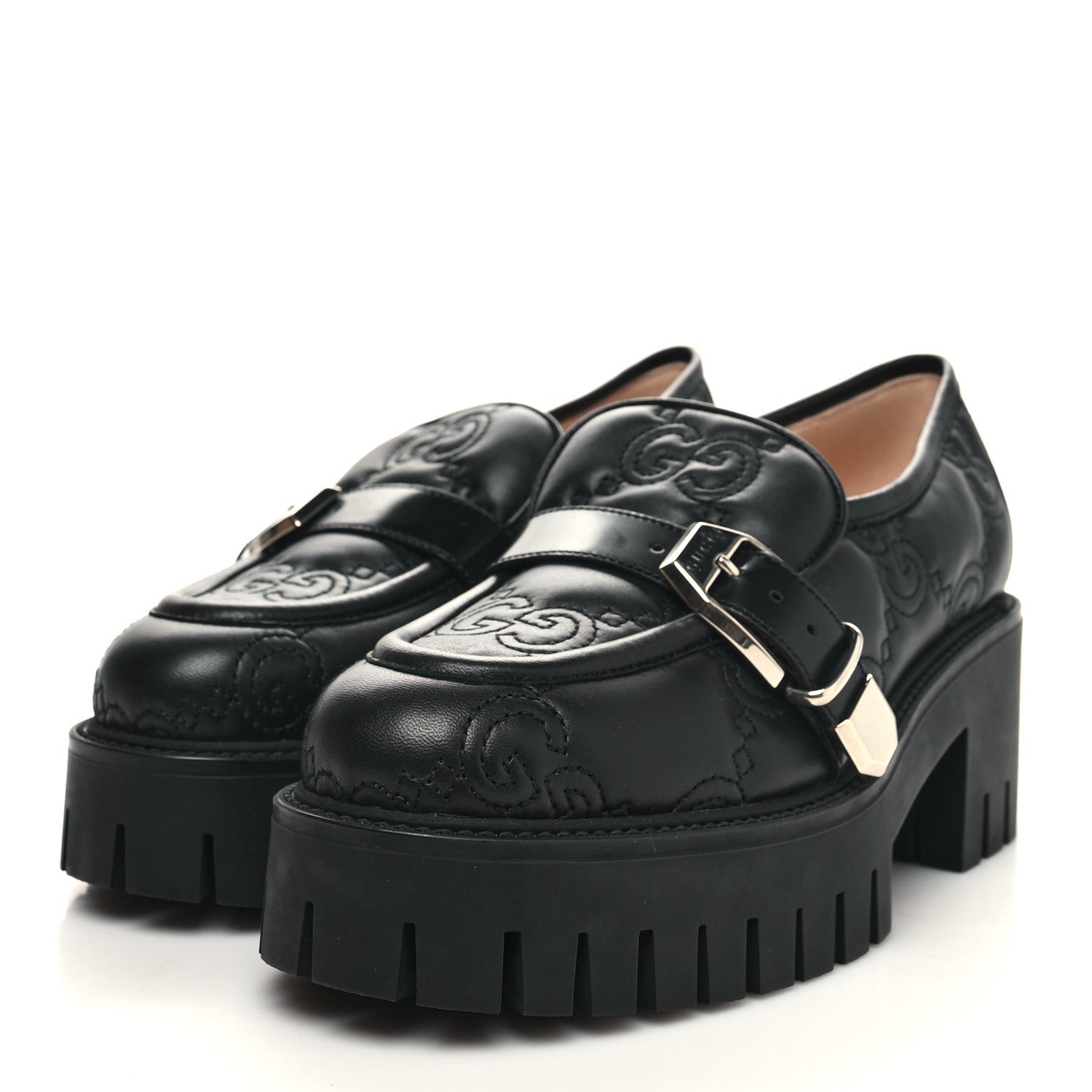 Gucci Nappa Cordovan Lux GG Matelasse Buckled Platform Lug Sole 60mm Loafers 38 Black 3 of 9