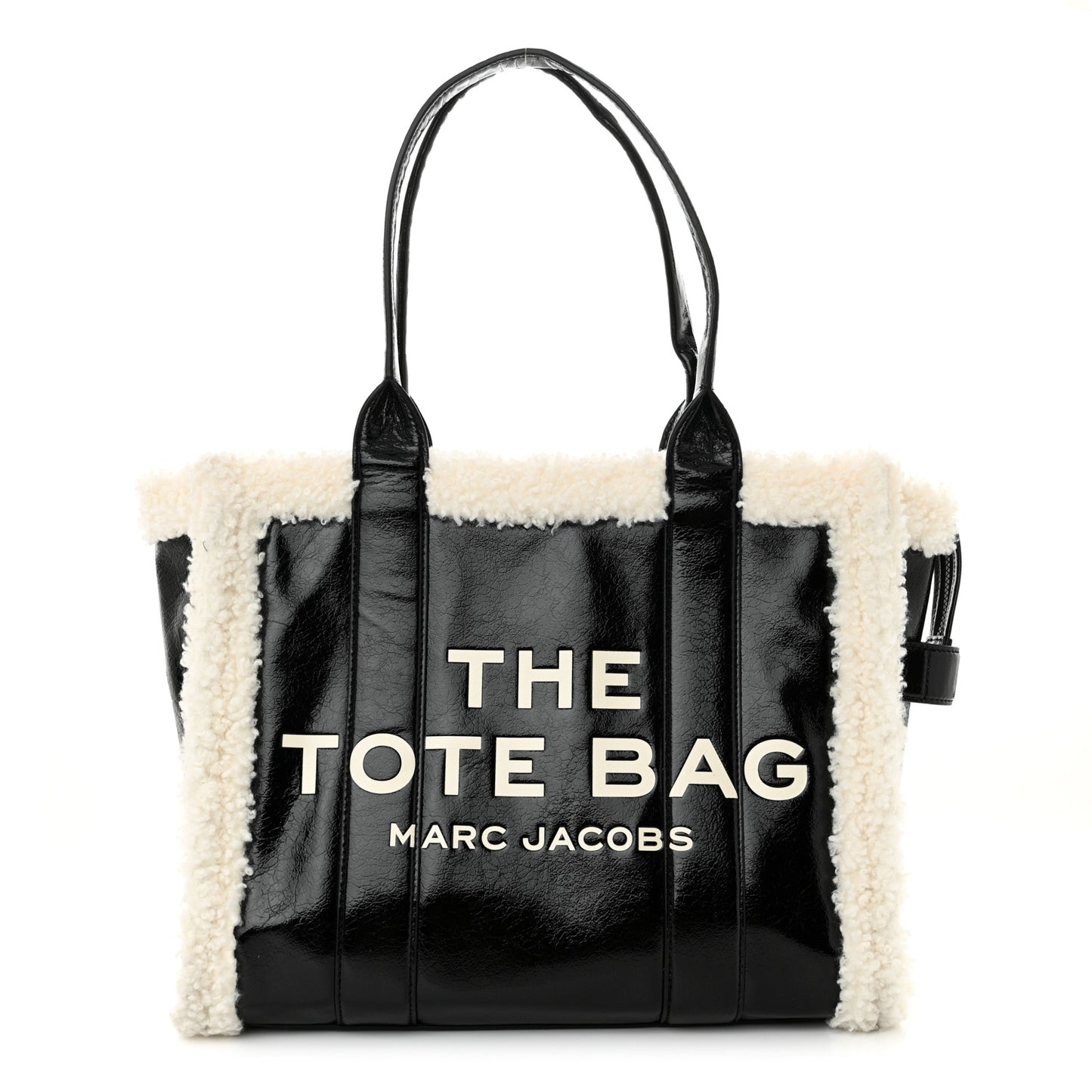 Shiny Calfskin Faux Shearling Large The Traveler Tote Bag Black