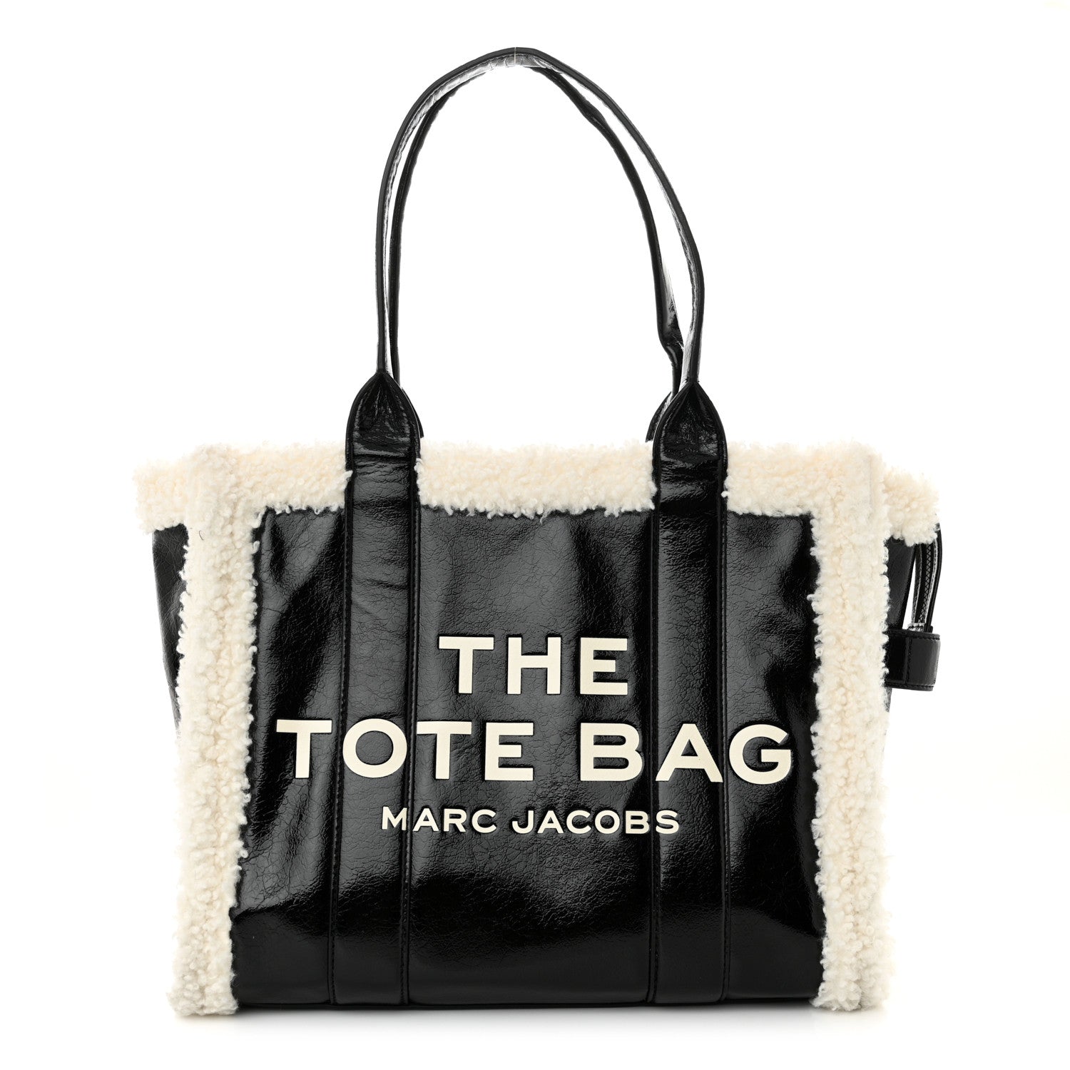 Marc Jacobs Shiny Calfskin Faux Shearling Large The Traveler Tote Bag Black 1 of 12