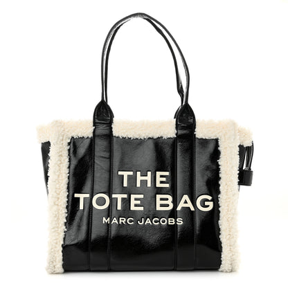 Marc Jacobs Shiny Calfskin Faux Shearling Large The Traveler Tote Bag Black 1 of 12