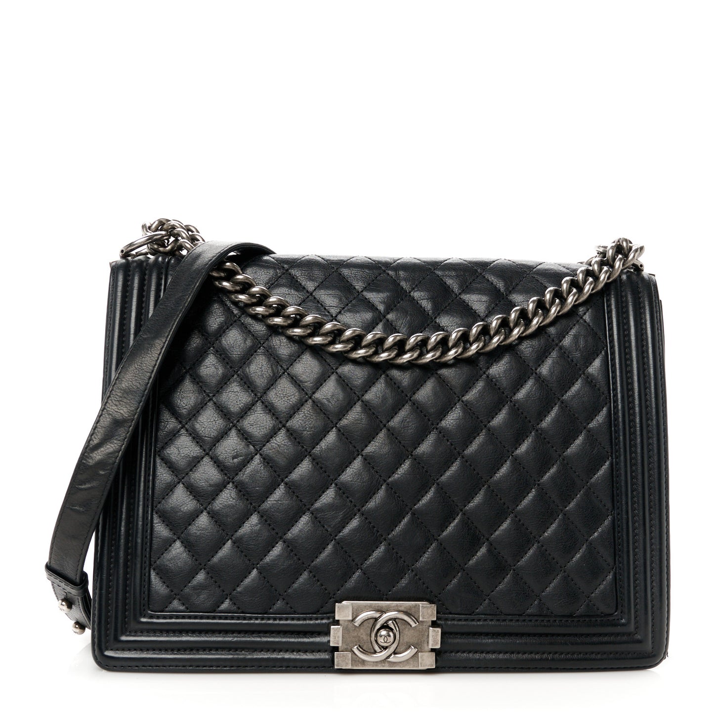 Calfskin Quilted Large Boy Flap Black