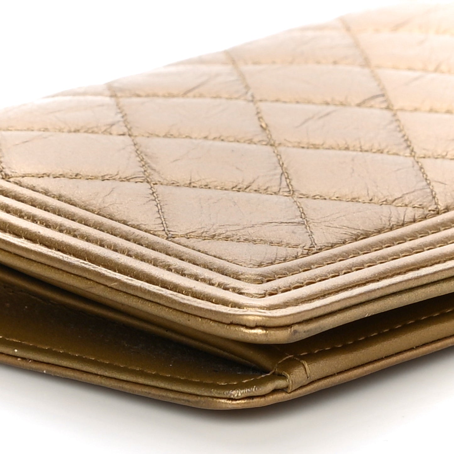 Metallic Aged Calfskin Quilted Boy Yen Wallet Gold