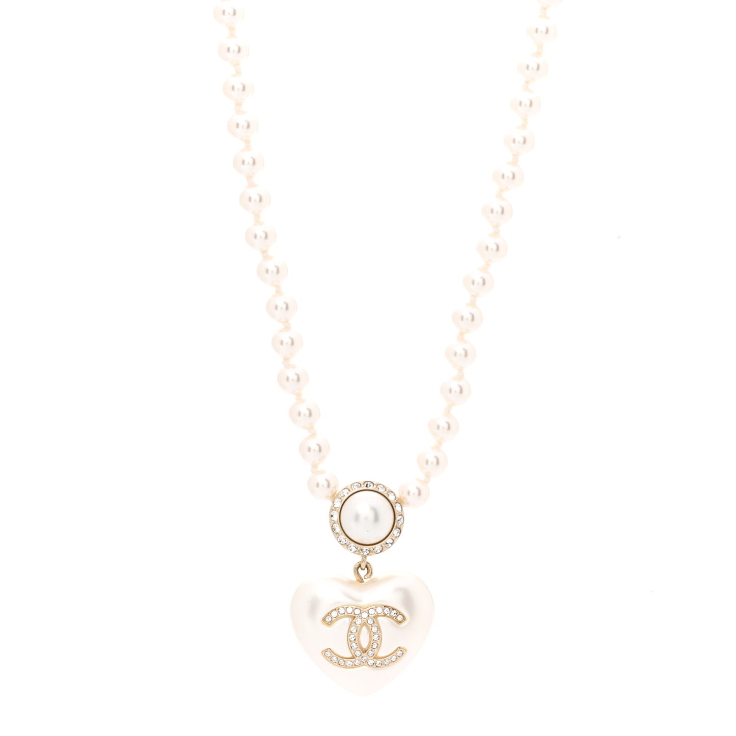 Pearl Crystal CC Heart Short Necklace Pearly White Gold