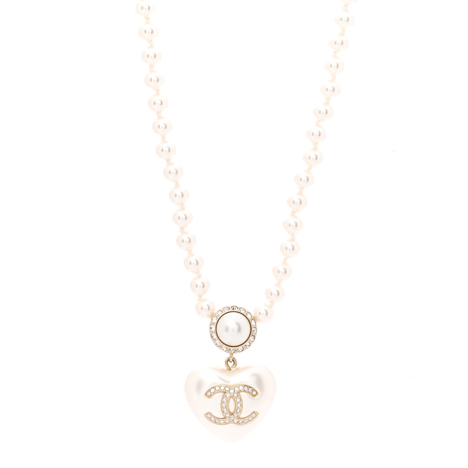 Chanel Pearl Crystal CC Heart Short Necklace Pearly White Gold 4 of 7