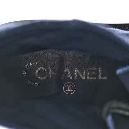 Chanel Shiny Calfskin Velvet Quilted Lace Up Combat Boots 39 Blue Black 8 of 11