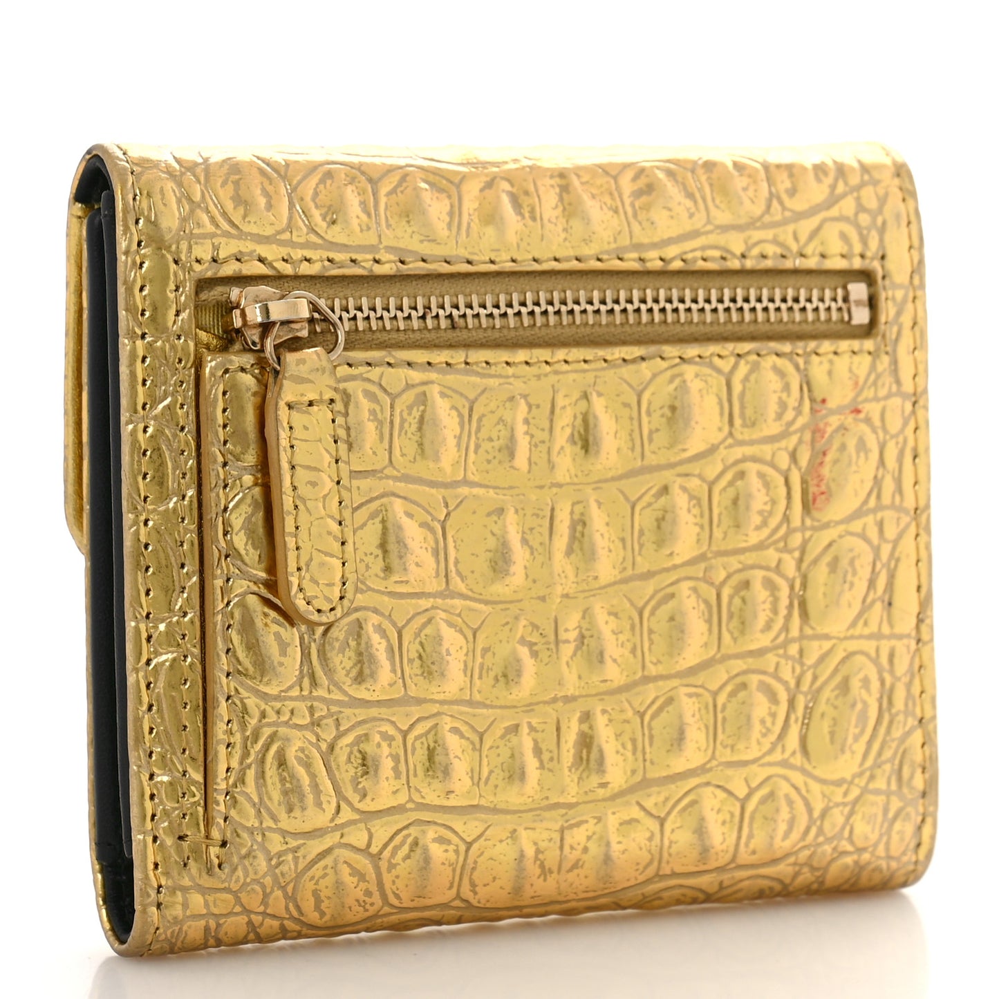 Metallic Calfskin Crocodile Embossed Cocodile Compact Flap Wallet Gold