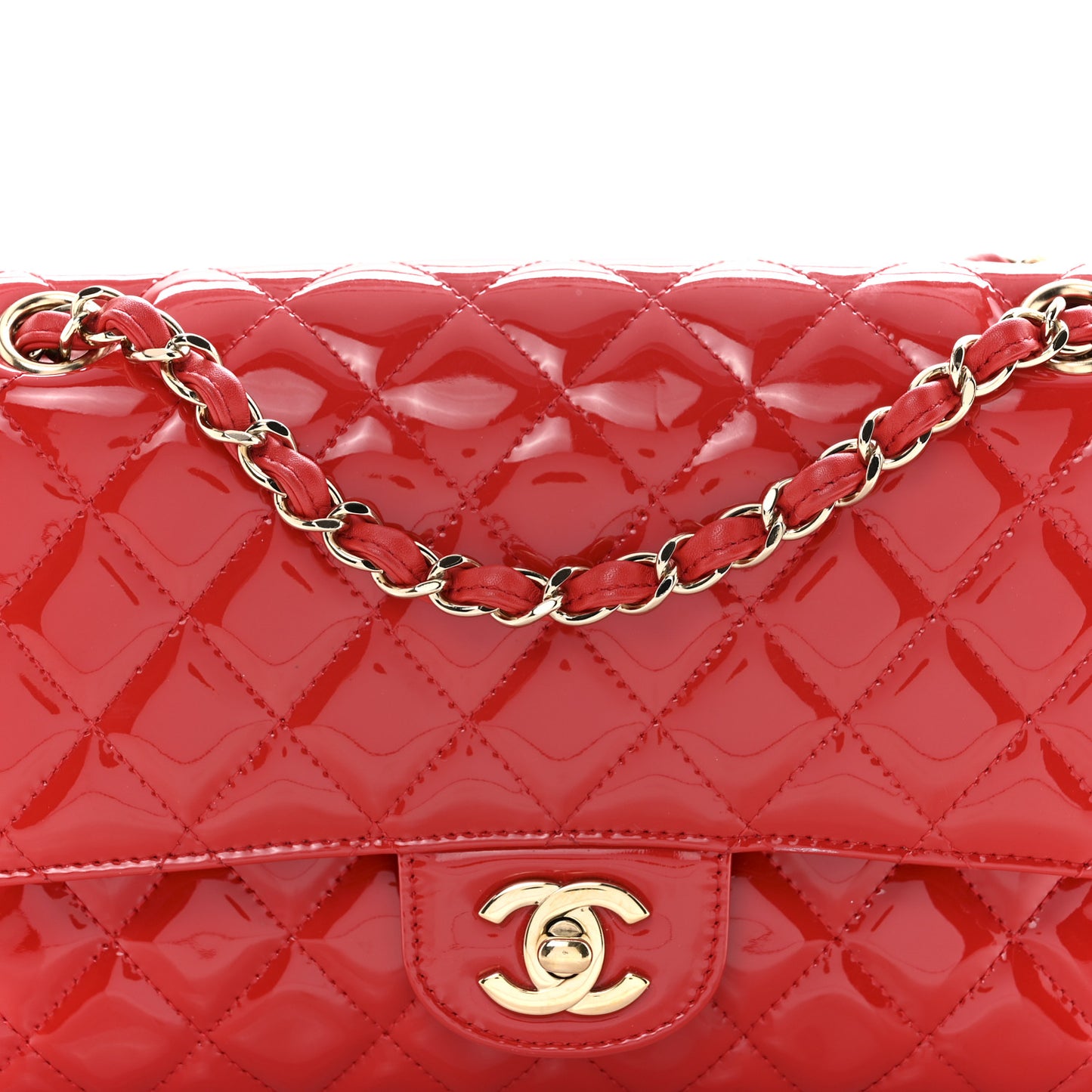Patent Calfskin Quilted Medium Double Flap Red