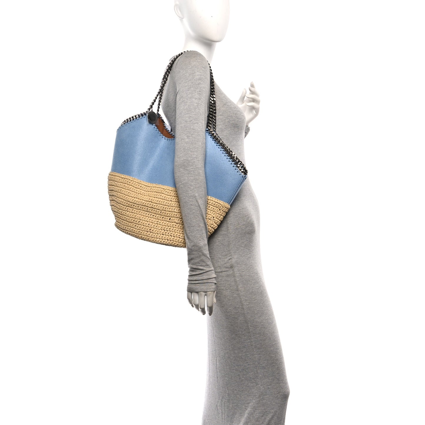 Shaggy Deer Raffia Large Half & Half Tote Bag Lightbulb Natural Light Blue