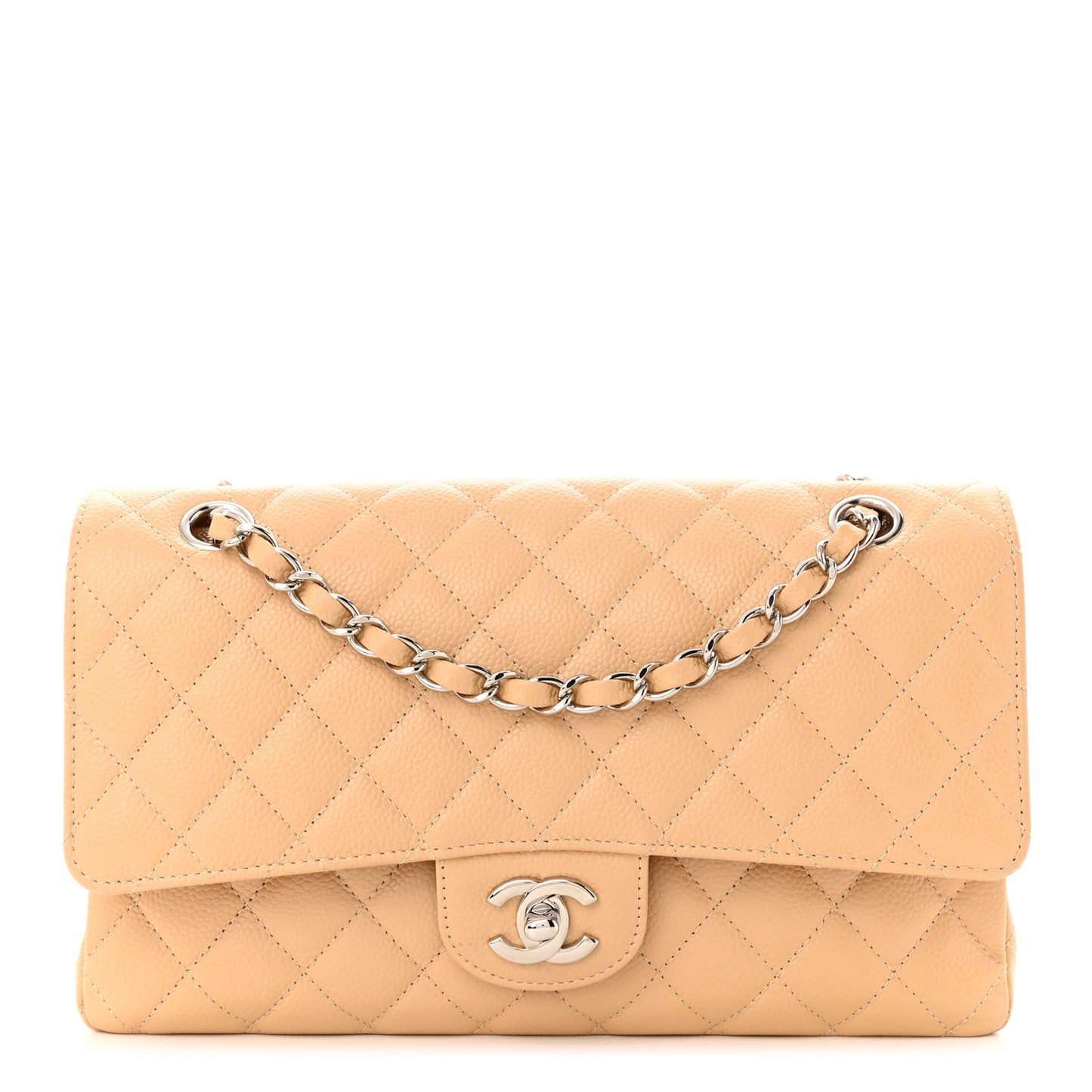 Caviar Quilted Medium Double Flap Beige
