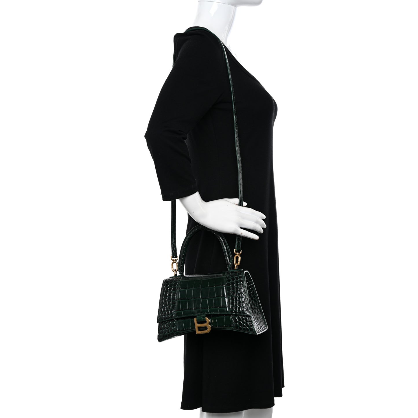 Shiny Calfskin Crocodile Embossed Small Hourglass Top Handle Bag Forest Green