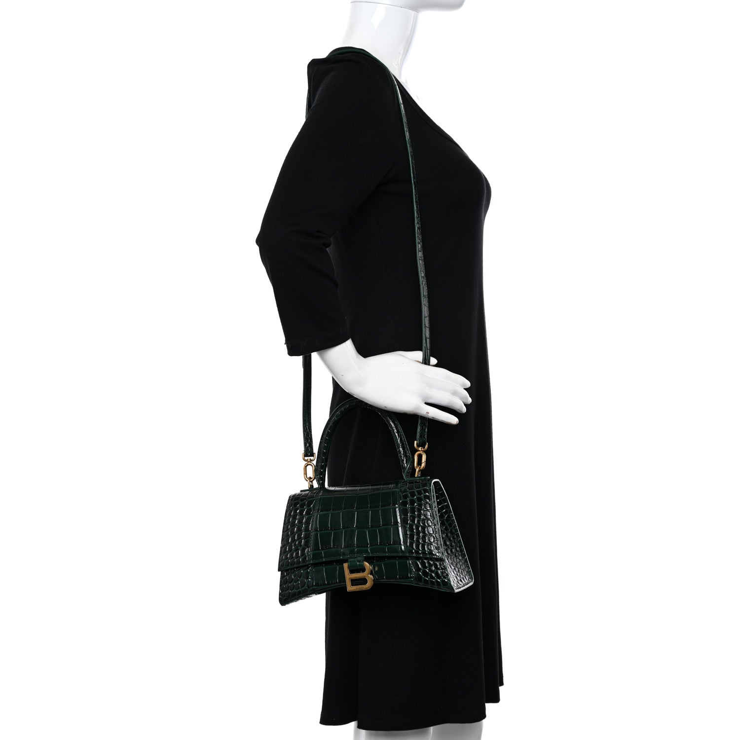 Balenciaga Shiny Calfskin Crocodile Embossed Small Hourglass Top Handle Bag Forest Green 2 of 11