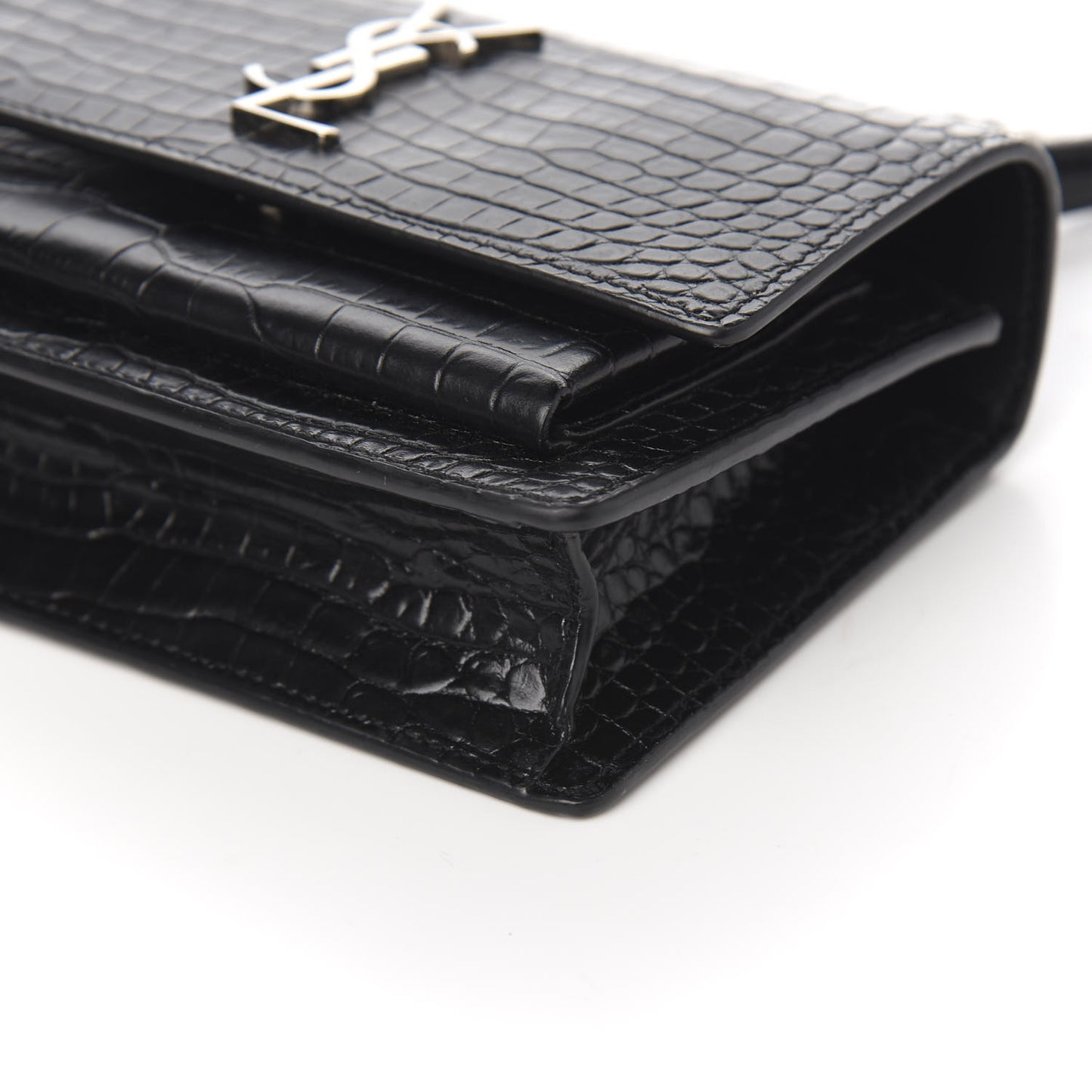 Calfskin Crocodile Embossed Monogram Sunset Chain Wallet Black