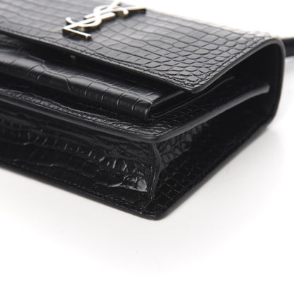 Saint Laurent Calfskin Crocodile Embossed Monogram Sunset Chain Wallet Black 6 of 8