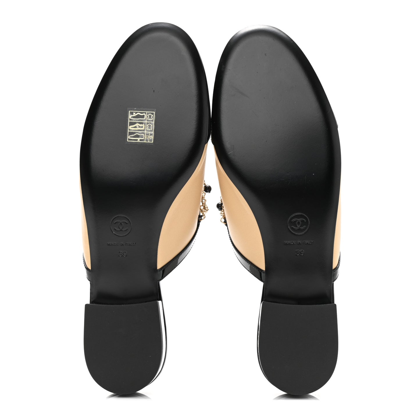 Lambskin Patent Pearl Chain Charm CC Mules 39 Beige Black