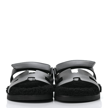 Hermes Calfskin Woolskin Womens Chypre Sandals 37.5 Black 2 of 10