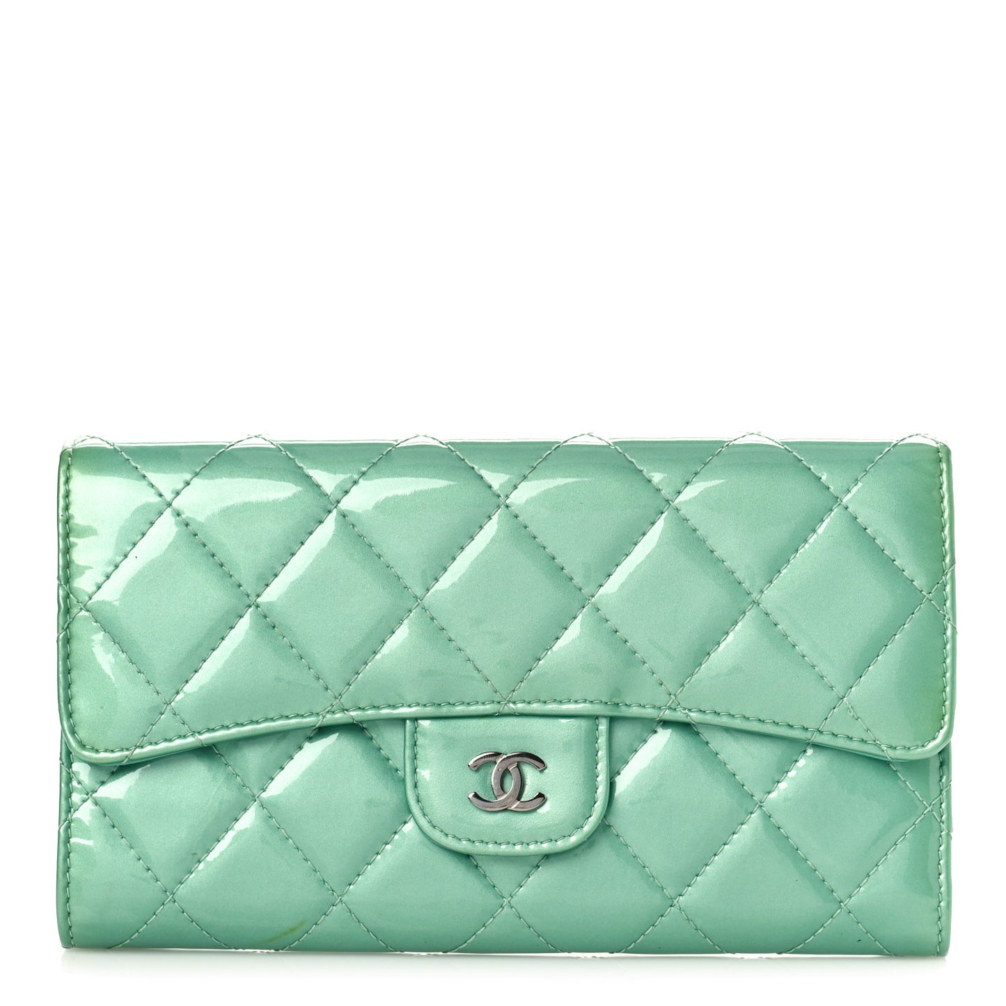 Patent Quilted Long Flap Wallet Green