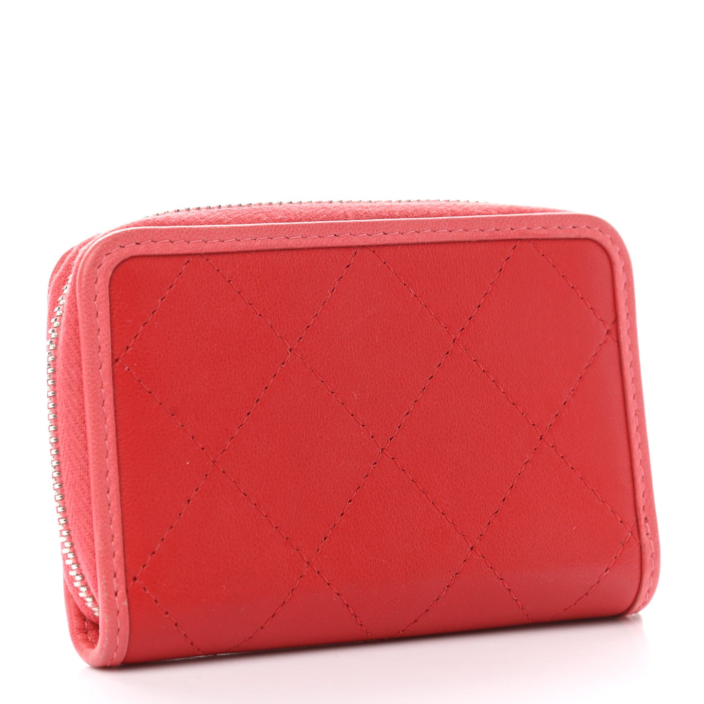 Calfskin Quilted Bi-Color Zip Coin Purse Red Pink