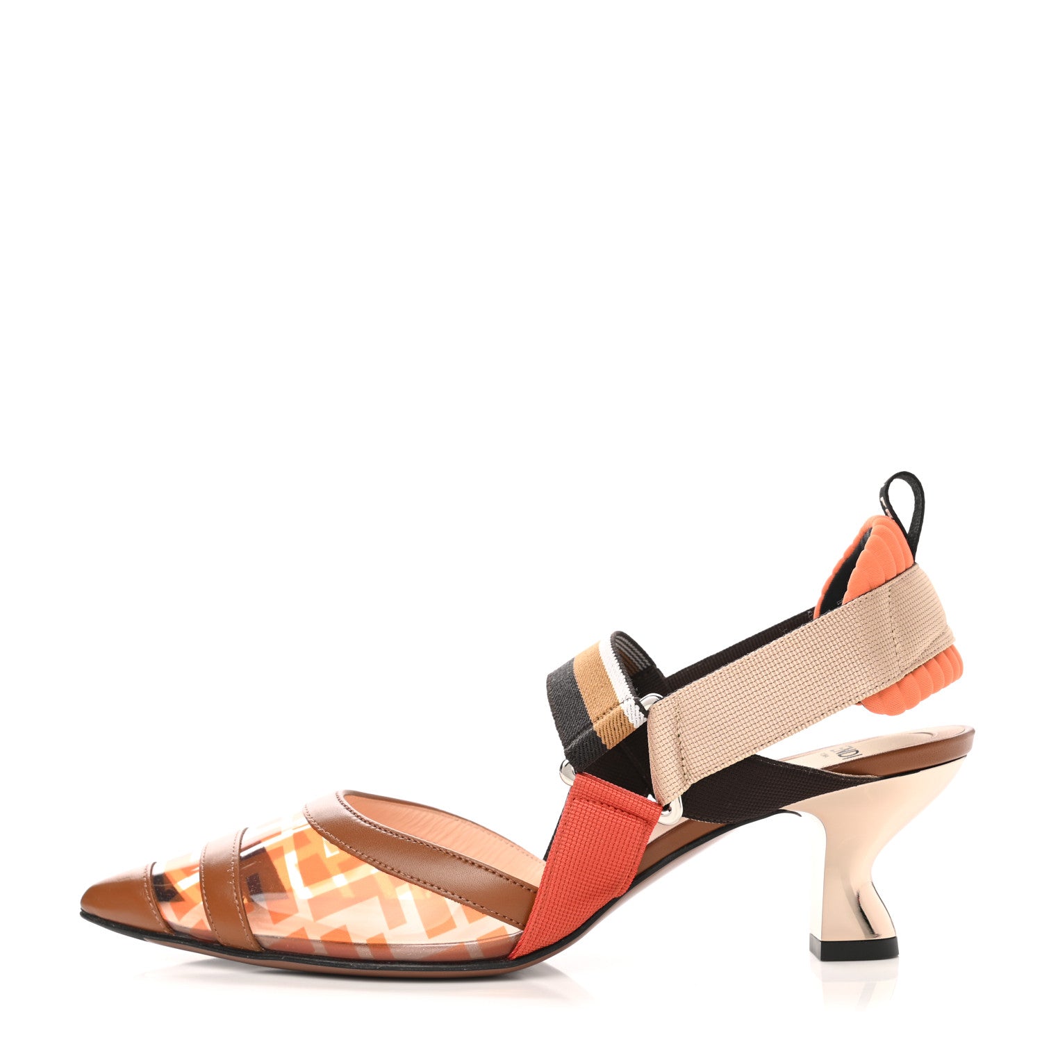 Fendi PVC Vitello FF Colibri 55mm Slingback Pumps 38 Transparent Aranciata Cuoio Avana 1 of 8