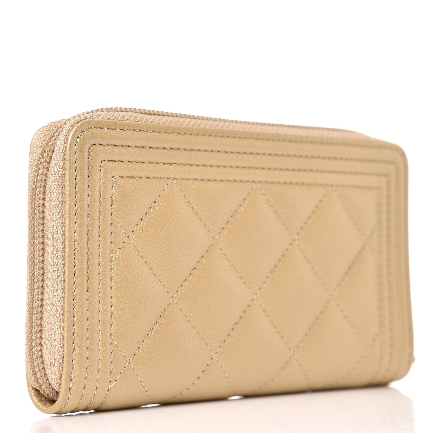 Metallic Caviar Quilted Small Boy Zip Around Wallet Light Gold