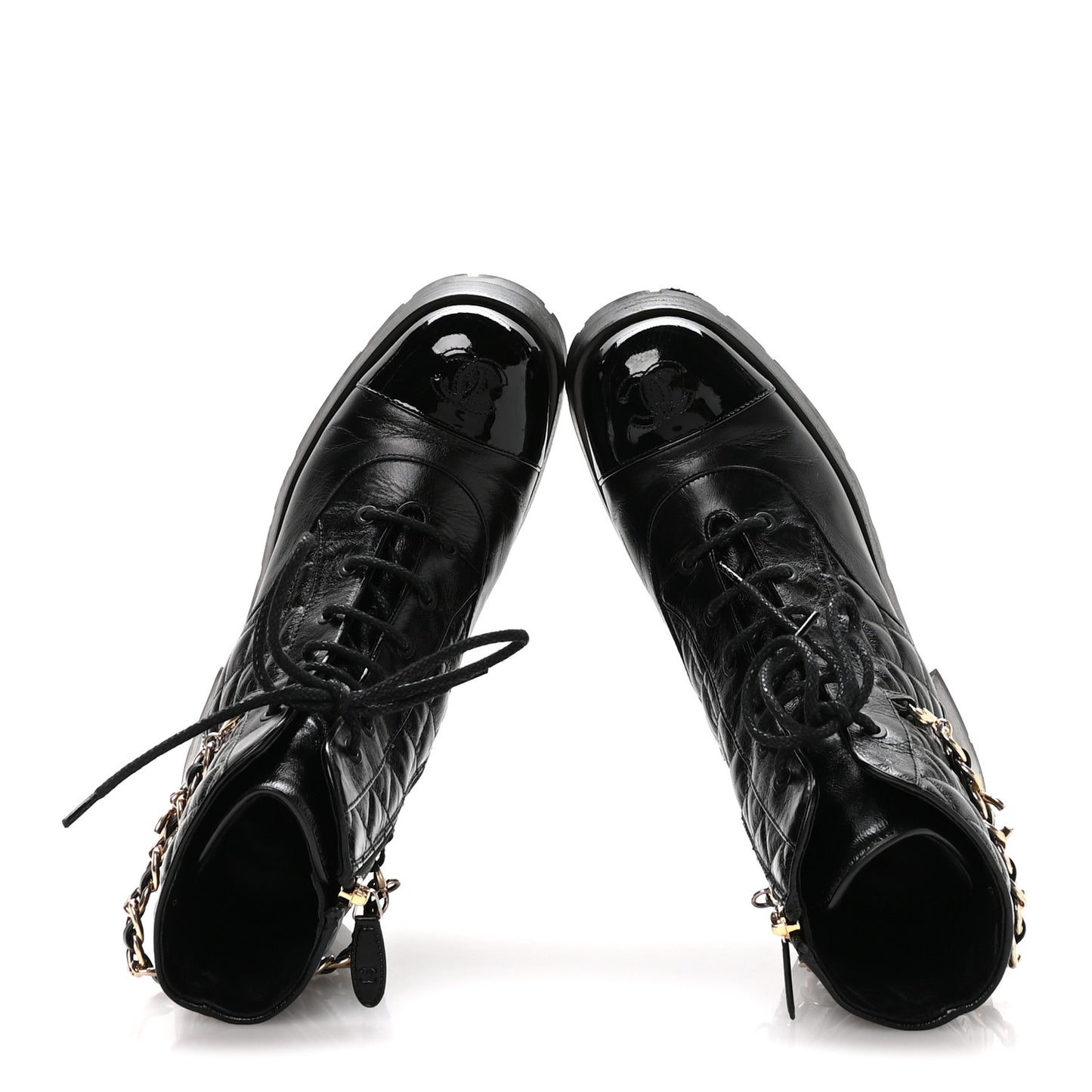 Shiny Calfskin Patent Quilted Chain Lace Up Combat Boots 40 Black