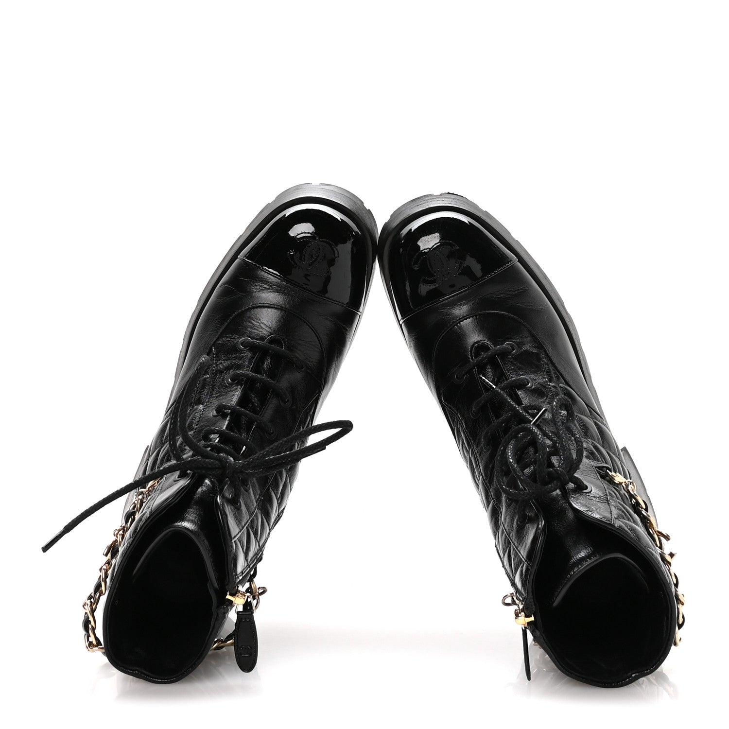 Chanel Shiny Calfskin Patent Quilted Chain Lace Up Combat Boots 40 Black 2 of 9