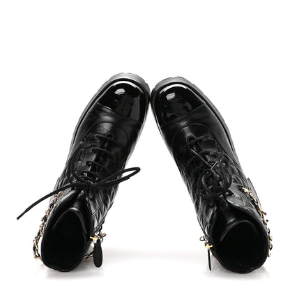 Chanel Shiny Calfskin Patent Quilted Chain Lace Up Combat Boots 40 Black 2 of 9